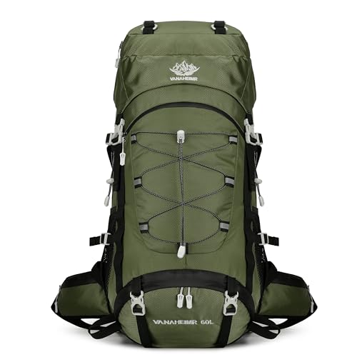 YFREAL Sac à dos de voyage, randonnée, camping avec housse de pluie, sac à dos résistant à l'eau, sac à dos d'escalade pour homme et femme 60 l, Vert...