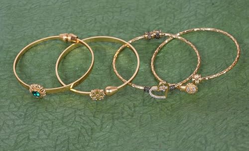 Image of Touchstone Indian Bollywood Handcrafted Engraved Etched Floral Round Rhinestones Cubic Zirconia CZ Designer Jewelry Openable Elegant Gold Plated Bracelets Combos for Women