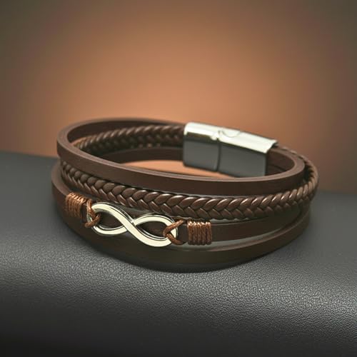 Image of THE MEN THING Leather Bracelet for Men - American Style Genuine Leather Multi-Layer Braided Bracelet with 100% Stainless Steel Magnetic Buckle for Men & Boys (8 inch)