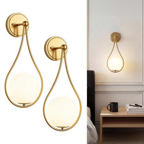 Image of Mid-Century Wall Sconces Set of 2 Gold | Modern Globe Wall Lighting Indoor Hardwired Wall Lights for Hallway Office Porch Bedroom Living Room Stairway