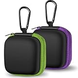 LINSANER Earbuds Case with Carabiner, Square Storage Cases, Portable EVA Storage Earbud Pouch Bag for Earbuds, in-Ear Headphones, Earphones, Headsets, USB Charging Cables, 2 Pack, Green + Purple