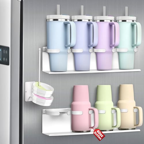 Image of Magnetic Cup Holder for Fridge,8 Cups Water Bottle Organizer for Stanley 30 40 oz with Tumbler Lid Organizer,High Capacity Heavy Duty Kitchen Storage Rack Accessories