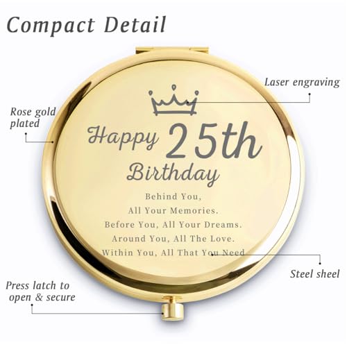 QUSTGO 25th Birthday Gifts for Women, Female Presents for 25 Year Old, Personalised Engraved Compact Mirror Gift for Her Daughter Niece Granddaughter Sister Girlfriend Friend