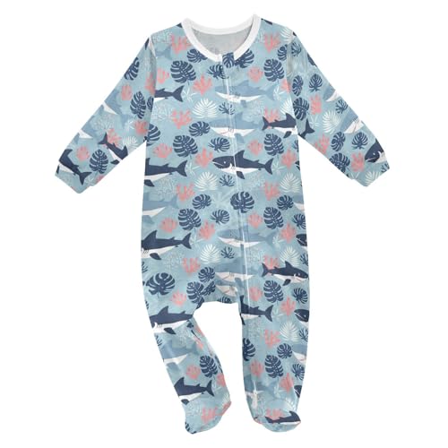 Emelivor Underwater Sharks Leaves Blue Baby Newborn One-Piece Clothes Infant Footed Pjs with Zipper for Girls Boys Kids