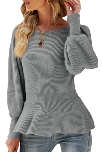 Image of Womens Fall Puff Sleeve Peplum Casual Slim Fit Knit Pullover Sweater Jumper Tops