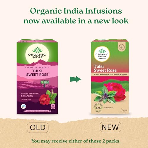 Image of A TATA Product - Organic India Tulsi Sweet Rose - 25 Tea Bags, Stress Relieving, Supports Radiant Skin, Rich in Antioxidants, Made with Tulsi, Chamomile, and Rose Certified Organic