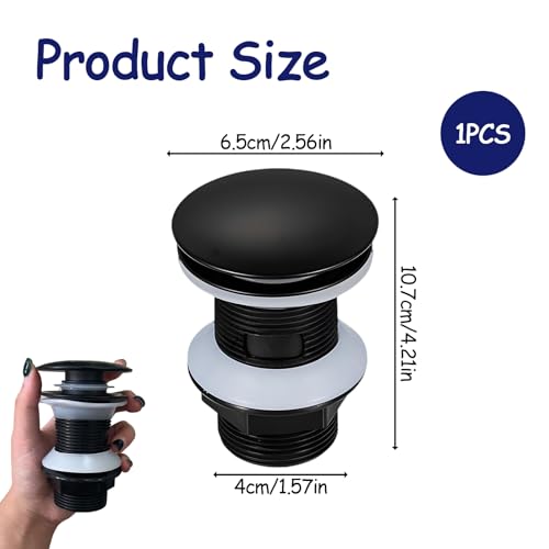 Ablaufgarnitur Pop Up Universal, Ablaufgarnitur Ohne Überlauf für Waschbecken und Waschtisch, Matte Schwarze Oberfläche, Passend für Alle Standard Waschbecken und Spültische