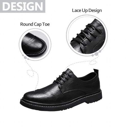 Mens Leather Cap Toe Causal Oxfords Vintage Round Toe Comfort Lug Sole Classic Lace-Up Business Formal Derby Sneakers Shoes for Wedding Party Fashion Office Work Daily4