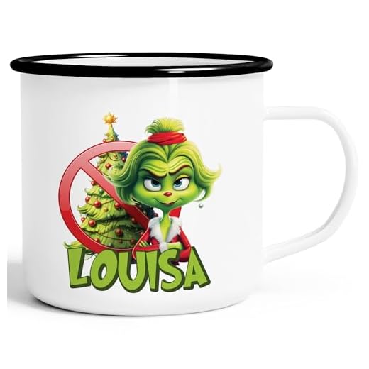 Moonworks® Emaille-Tasse Grinch Weihnachtstasse Mann Frau mit Namen personalisierbar Geschenk lustig Weihnachtsmuffel Grinch Lady emaille-weiß-schwarz standard