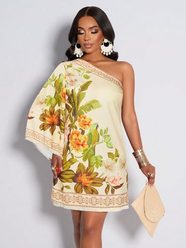 Image of KATECLO Women's One-Shoulder Boho Mini Dress - Asymmetrical Sleeve Floral Print Summer Shift Dress with Border Trim