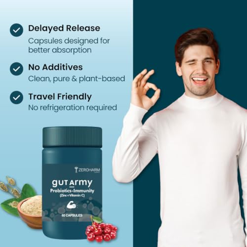 Image of ZEROHARM Gut Army Probiotics & Prebiotics | Psyllium Husk, Lactobacillus Acidophilus, Vitamin C & Zinc | Immunity and Gut Health Supplement | Promotes Natural Gut Health & Digestion | 60 Veg Capsules