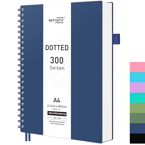 RETTACY Notizbuch A4 Gepunktetes, Bullet Dot Journal, Spiral-Notizbücher 150 Blatt/300 Seiten zum Schreiben, 100gsm, PVC Hardcover, für Frauen Männer Arbeit Büro Schule, 21.5 x 27.9cm – Marineblau