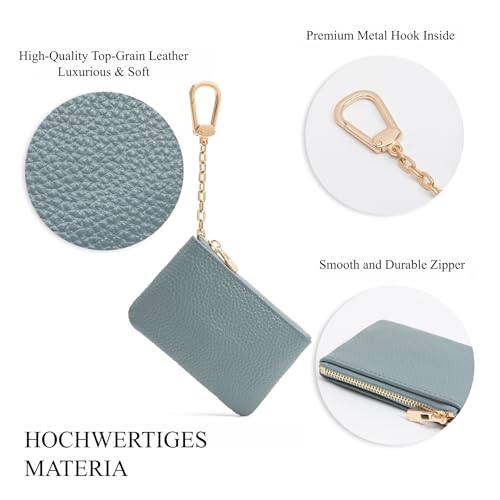 Image of Full Grain Leather Coin Purse with Key Chain - Small Change Purse Keychain Card Holder Keychain Pouch Small Keychain Wallet for Women and Men (Powder Blue)