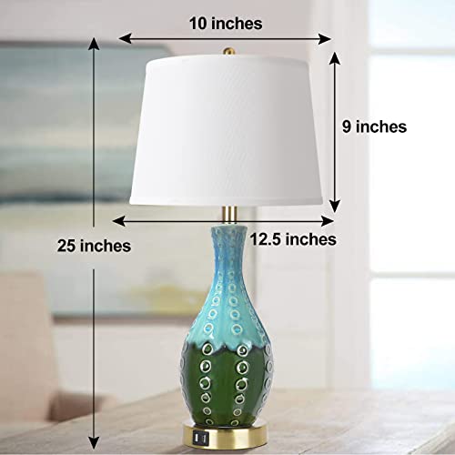 Qimh Blue Ceramic Table Lamp For Living Room Set Of 2, Mid Century Modern Teal Green Vase-Shaped Lamps For Bedroom Decor, Touch Control Bedside Lamp For Nightstand With Dual Usb Ports #TOP5