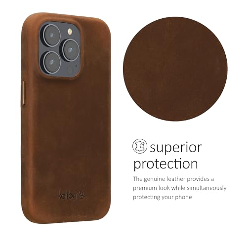 Image of kalibri Case Compatible with Apple iPhone 15 Pro - Case Smooth Genuine Leather Hard Case Anti Slip Cover - Brown