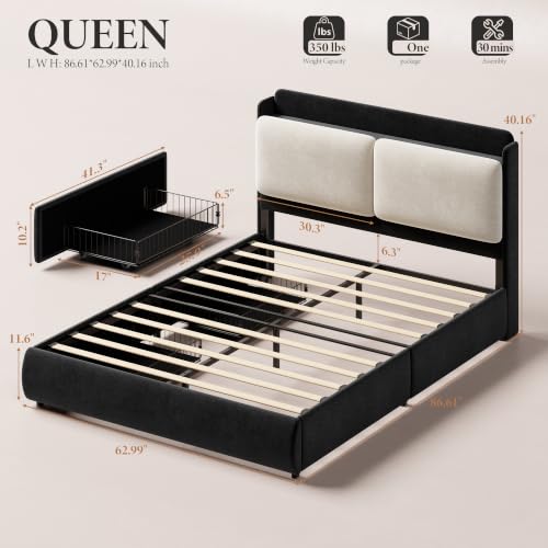 Image of Garvee Chenille Fabric Queen Size Bed Frame with 2 Storage Drawers - Black