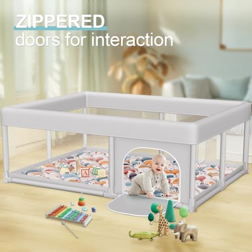 Image of Baby Playpen with Mat 65 x 50 Inch, PlayPen for Babies and Toddlers, Sturdy Safety Play Yard for Indoor & Outdoor with Zipper Gates