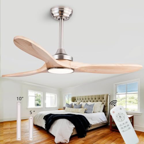 Image of QUTWOB 42 inch Wood Ceiling Fan with Light, Reversible DC Motor, Remote Control | solid wood blades, quiet 6-speed reversible dc inverter motor, remote control, 3-color led, for indoor outdoor patio garage