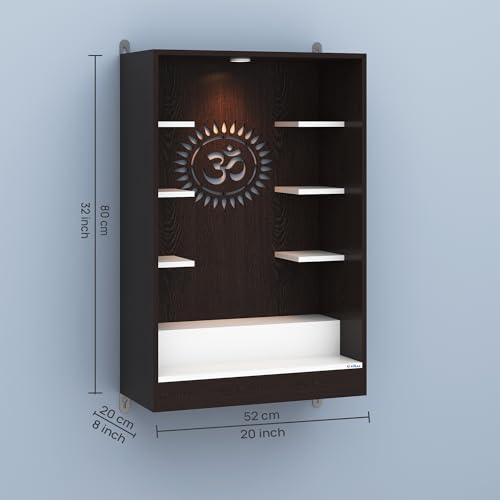 Image of Anikaa Niketana Wooden Wall Mount Mandir for Home | Pooja Temple with LED Light, Om Back Panel & 6 Shelves | Hindu Wooden Temple for Home & Office Decoration | Wenge /White (DIY), Size(32x20x8 Inches)