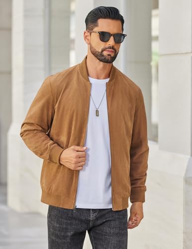 COOFANDY Men's Lightweight Suede Bomber Jackets Casual Varsity Jacket Vintage Faux Leather Jackets2