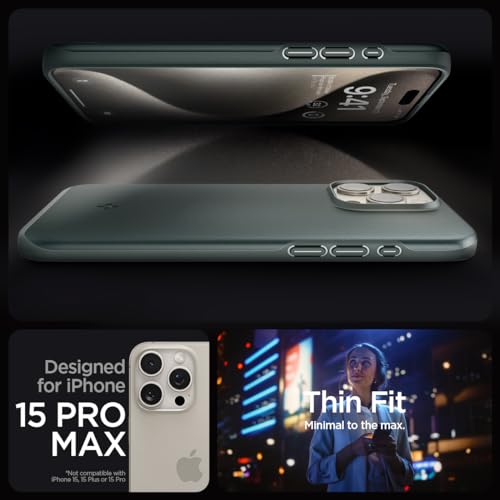 Image of Spigen Thin Fit Back Cover Case for iPhone 15 Pro Max, Durable Protection, Slim Frame - Polycarbonate + TPU | Abyss Green