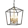 4-Light Black and Gold Farmhouse Chandelier, Industrial Ceiling Light Pendant Light with Metal Cage Adjustable Height Rustic Hanging Light E12 Base for Kitchen Island,Dining Room,Entryway,Indoor