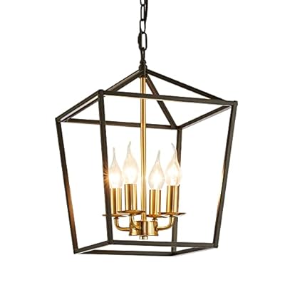 4-Light Black and Gold Farmhouse Chandelier, Industrial Ceiling Light Pendant Light with Metal Cage Adjustable Height Rustic Hanging Light E12 Base for Kitchen Island,Dining Room,Entryway,Indoor