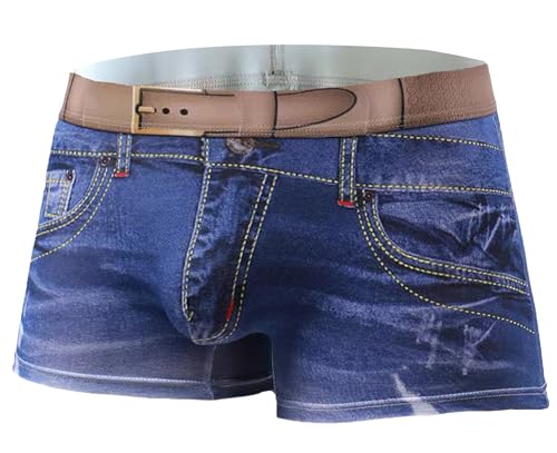 SEAUR Men's Sexy Fake Jean Underwear Stretch 3D Denim Printed Boxer Briefs U Shaped Bulge Pouch Panties