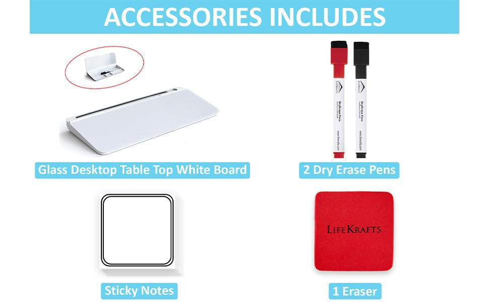 Image of LifeKrafts Dry Erase Glass Whiteboard | Desktop Easel Board for Office, Home, School, Adults & Kids | Tabletop Writing Board | Reusable Marker Board | 2 Pens & 1 Eraser | 18x8 Inches | Pack of 1