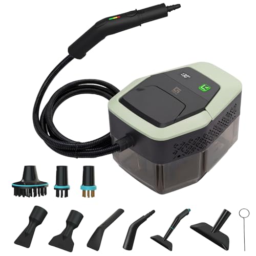 Handheld Steam Cleaner with On-Handle Control & Digital Display | 3 Level Pro Steam for Grease, Tile, Carpet | 45oz Tank, 10 Attachments for Home, Car, Kitchen Deep Cleaning (Green)
