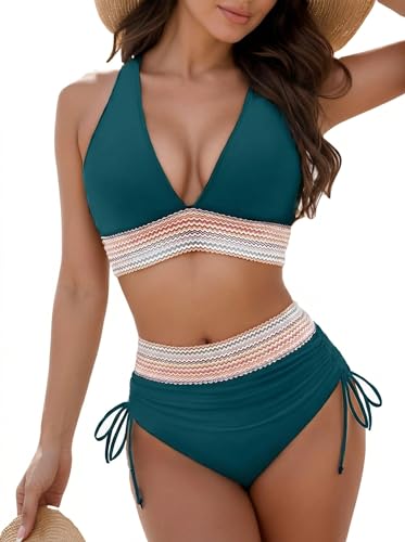 HUTRADE Bikini Damen Set Sexy Badeanzug Bademode Hohe Taille Farbblock Zweiteiliger Kordelzug Badeanzüge Bikinis für Frauen Badebekleidung Bandeau (Dunkelgrün,L)