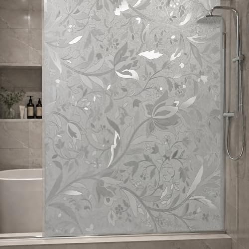 Image of CVANU Floral Frosted Glass Covering Privacy Window Film, Self Adhesive Waterproof Vinyl Sticker for Glass Doors, Windows, Bathroom & Office Use (24 x 50 Inch)