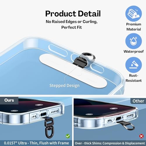 Image of 360 Rotatable Phone Tether Tab Pack of 4 (2 Classic Black + 2 Stainless Steel) | Anti-Theft Mobile Lanyard Patch with Hook for Phone Strap, Sling, Charm, Wrist Strap & Chain