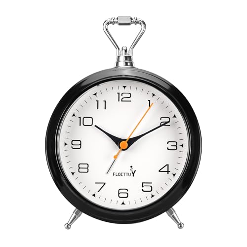 FLOITTUY 4.5" Battery Operated Antique Retro Analog Metal Alarm Clock, Silent Bedside Desk Clock, Wall-Hanging Vintage Clock(Black)