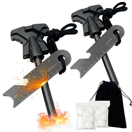 2 Pcs Pedernal Supervivencia Profesional con 16 Yescas Impermeables y Bolsa de Almacenamiento,Pedernal Supervivencia Magnesio Mechero,Arrancador de Fuego de Acero,para Camping SenderismoSupervivencia