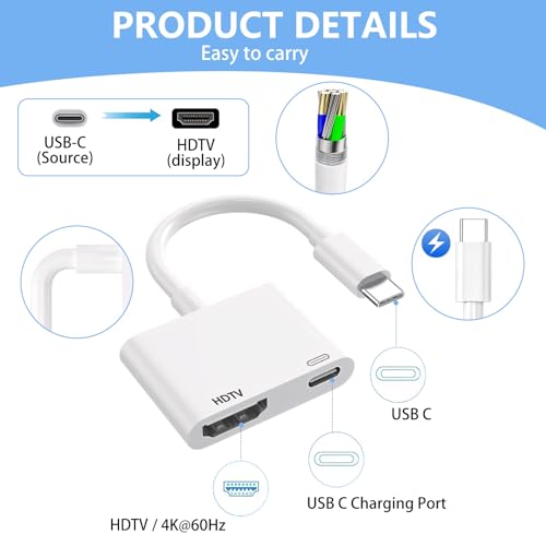 Image of Kinhaly USB C to HDTV for TV, 4K@60Hz Type C to Adapter with Charging Port, iPhone to HD to USB C Adapter Compatible for iPhone 16 /15 Series /iPad Pro /Galaxy /MacBook Pro to HDTV Projector