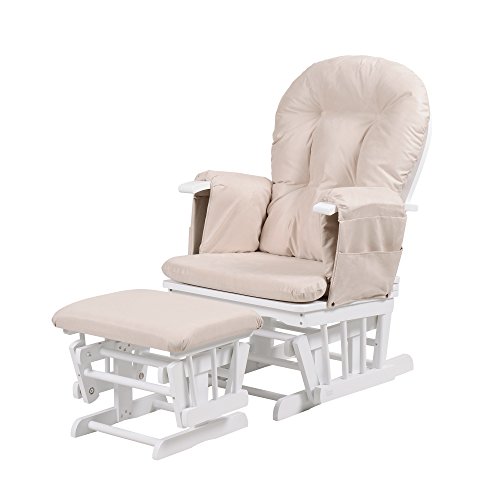 KUB Haywood Reclining Glider Nursing Chair with Footstool - Premium Breastfeeding Chair for Nursery Room | 7 Recline Positions | Storage Pockets | Safety Certified (White and Beige)