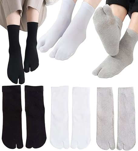 rosenice 3 Pairs of Elastic Cotton Tabi Toe Socks (White/Grey/Black) for Men and Women, Breathable Split Toe Socks for Flip Flops Elastic V-Toe Ninja Socks for Sandals and Daily Wear