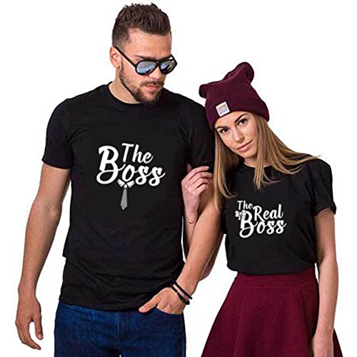 Boss and Real Boss Matching Couple T-Shirt for Husband Wife,Pure Cotton Matching T-Shirt for Lover（Pack of 1 T-Shirt） Boss-Black-M