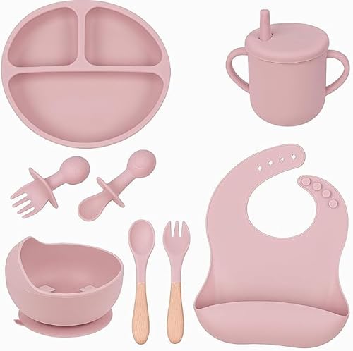 Kit Introdução Alimentar Bebê 8 Peças Silicone – Pratinho, Colher, Garfo, Copo, Pote | Antibacteriano, Livre de BPA, Atóxico e Seguro (Rosa Claro)