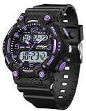 Gosasa Fashion Men's and Women's Digital Analog Sports Watch Dual Time Display 50M Waterproof Outdoor Wristwatch with LED Backlight, Shock Resistant, TPU Band (Black Purple)