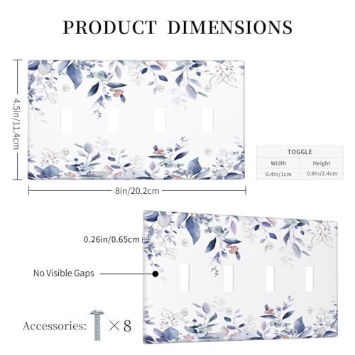 Decorative Switch Plate Covers Rustic Ink Blue Eucalyptus Leaves Sage leaf 4 Gang Light Switch Cover Plate Quad Toggle Wall Plate Light Switch Covers for Bedroom Home Decor