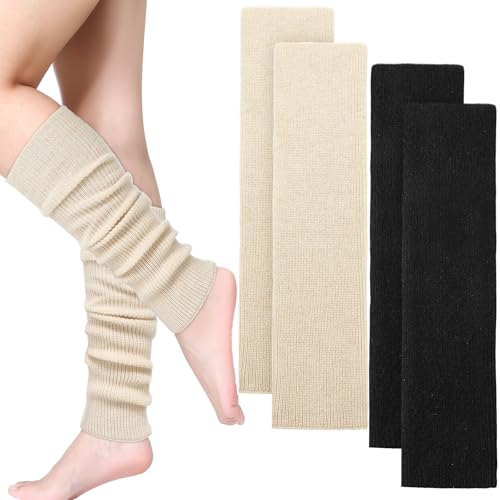 Chicingyou 2 Pairs 100% Pure Cashmere Leg Warmers for Women Soft Winter Long Boot Warmers Gift for Yoga Ballet Holiday(Black Beige)