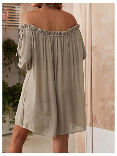 OYOANGLE Women's Swimsuit Cover Ups Off Shoulder Long Sleeve Beach Dress Frill Trim Swimwear2