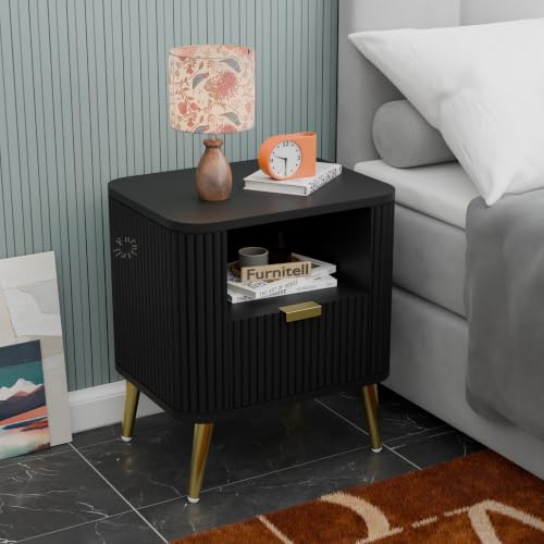 Image of Premium HDMR Wood Bedside Table with 1 Drawer & Open Storage Shelf, Fluted Nightstand with Golden Legs for Bedroom, Modern End Table, for Living Room, Black Finish (18 x 14 x 18 Inch)