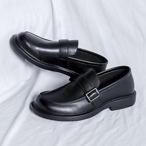 Men's Leather Dress Slip-on Penny Loafers Black Round Toe Business Formal Shoes with Adjustable Buckle for Casual Outdoor Daily2
