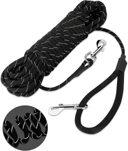 HAPPY HACHI Guinzaglio da Addestramento per Cani, Lunghina Cane, Lungo Nylon Riflettente Leggero, con Fibbia Lega Zinco, per Allontanare Sicurezza Passeggio (Nero, 20m)