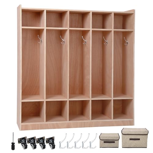 5 Section Classroom Coat Locker, 48' Tall Cubbies Coat Locker with Anti-Tip Kit, Cubby Storage Organizer with 4 Casters, 5 Hooks & 2 Storage Boxes, for Home, School, Kindergarten, Classroom