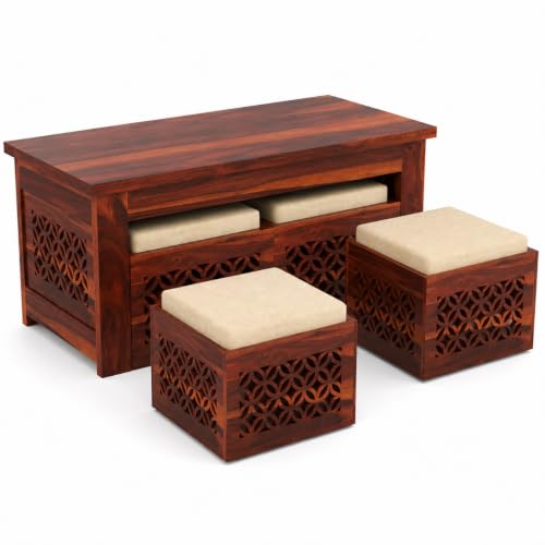 Image of Solid Sheesham Wooden Coffee Table with 2 Cushioned Stool|Teapoy Center Piece for Home Sofa Center Table for Living /Drawing Room,Hall|Space Saving Indoor Tea Table Set(Honey Finish) CNC