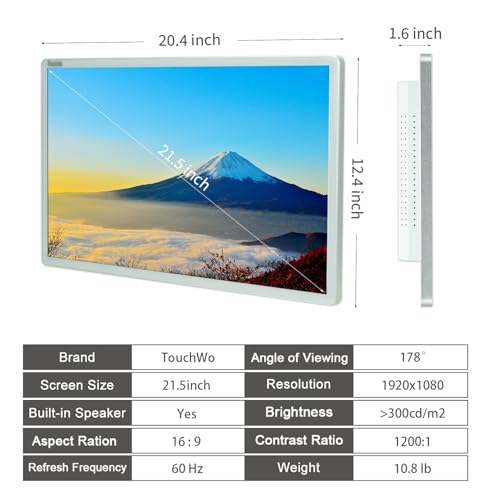 Image of Capacitive Multi-Touch Screen Industrial Monitor, 16:9 Display, Built-in Speakers, USB, VGA, DP & HD-MI Ports, Digital Signage Displays and Player for Advertising (21.5-Inch White)